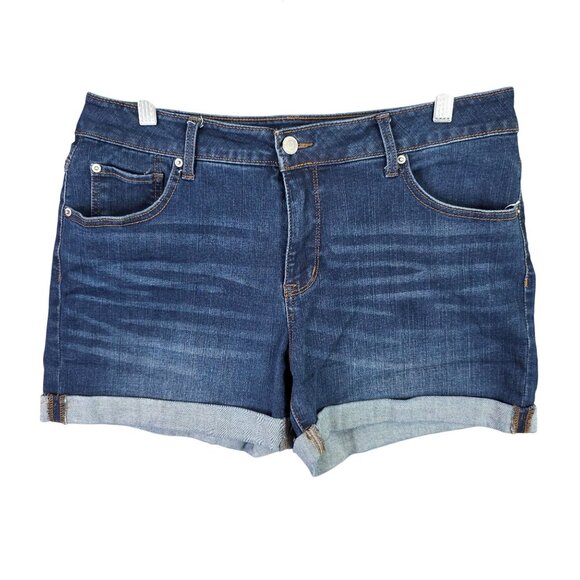 Womens Time & True Blue Denim Shorts Mid Rise Rolled Hem 4" Inseam Dark Wash 12 - Picture 1 of 9